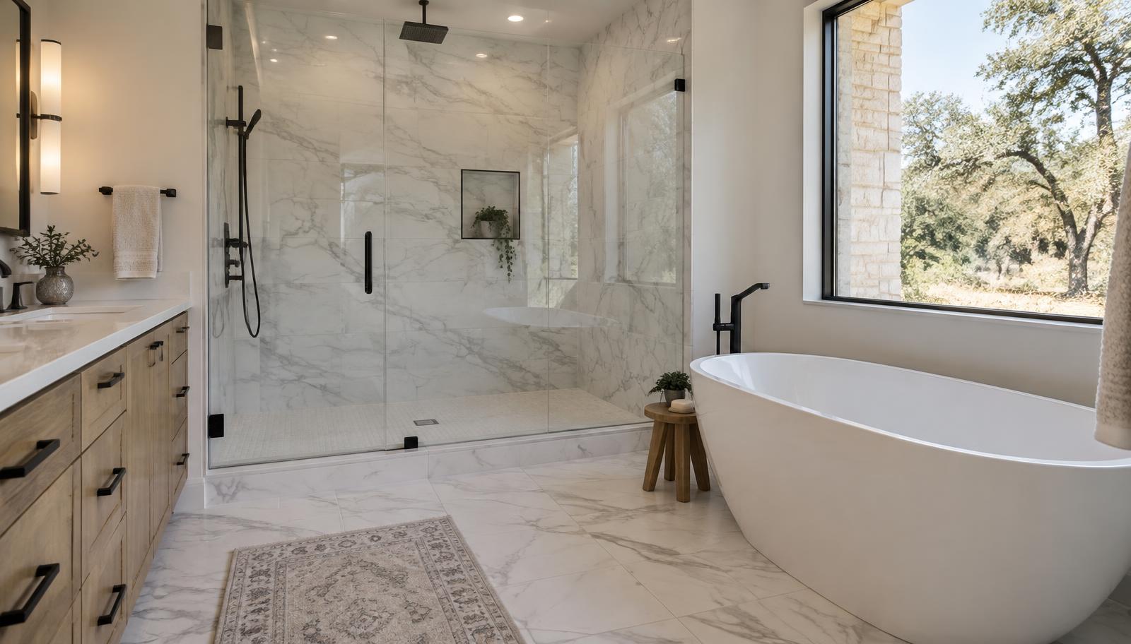 Luxury marble tiled bathroom with walk-in shower remodeled in Arlington, TX